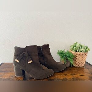 Olive Green Suede Ankle Booties | Bow Detail | Block Heel | Size 9 |